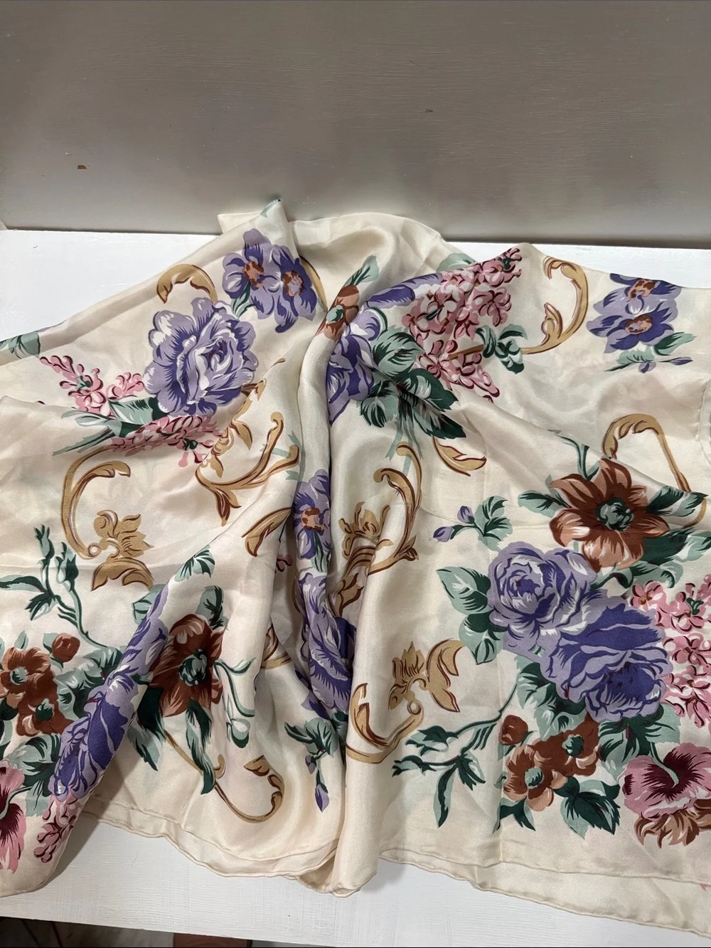 Floral Cream Silk Scarf with Purple & Pink Brown Blooms Roses 🌹vintage
